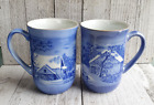 Currier & Ives coffee cups Farmer's Home & Old Homestead in Winter blue white 2
