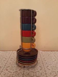 World Market Espresso 6 Cup & Saucer Set Multicolor Stackable w/ Storage Stand - Picture 1 of 10