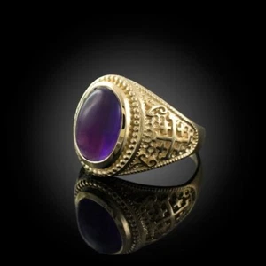 Einzigartiger Herren Bishop Ring simulierter Amethyst Cabochon Oval Sterlingsilber925 - Bild 1 von 3