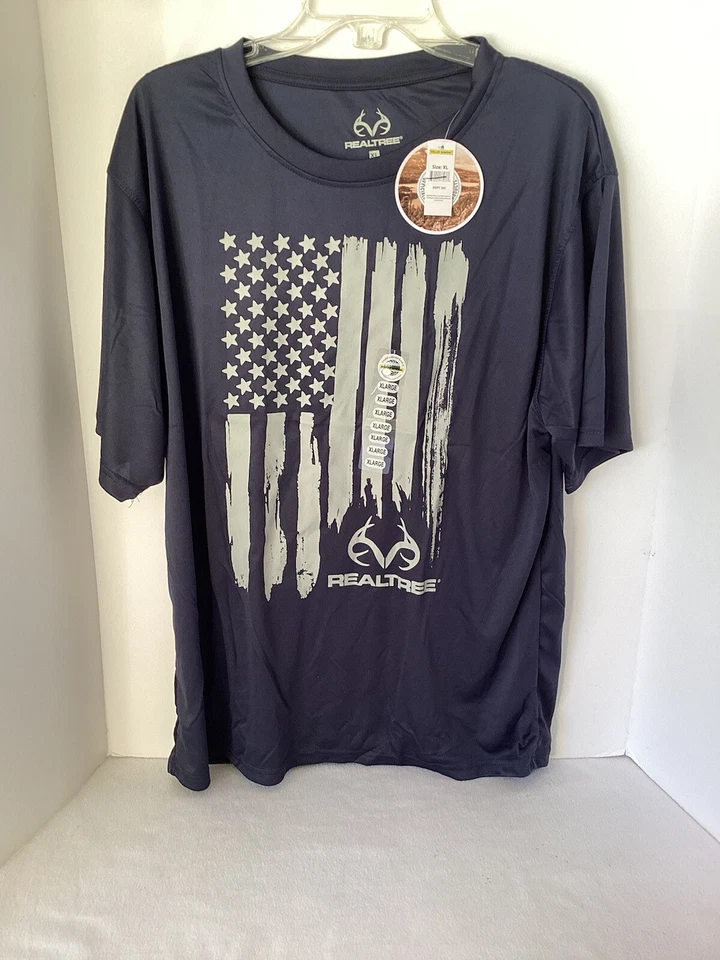 Realtree Men's Short Sleeve Blue Polyester T-Shirt Size L Gray Flag & Logo
