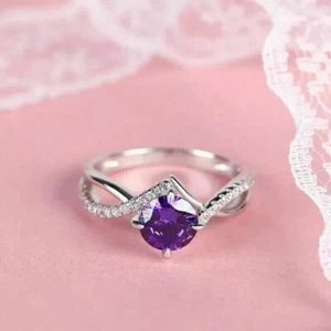 2Ct Round Cut Simulated Amethyst Women's Engagement Ring 14K White Gold Plated - Picture 1 of 3