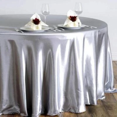 SILVER 108" ROUND Satin TABLECLOTH Light Gray Party Home Kitchen Tabletop Linens - Image 1 of 4
