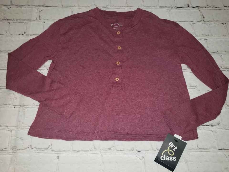 Girls' Boxy Henley Long Sleeve T-Shirt Maroon art class Size L 10/12