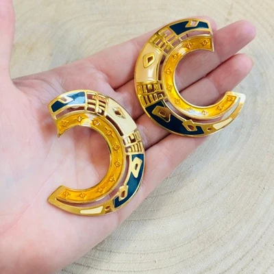 VTG Edgar Berebi Cuff Scoop earrings enamel chunky pierced designer blue gold - Image 1 of 4