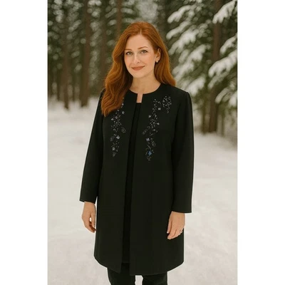 Abrigo Studio I Mujer 14W Negro Línea Larga Frente Abierto Floral Bordado Plus Foto 1 de 4