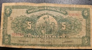1965 Peru 5 Cinco Soles de Oro Currency Banknote Paper Money - Picture 1 of 2