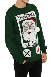 Fadenscheiniger lustiger Weihnachtsmann Weihnachtspullover Lametta Datteln festlich Herrengeschenk, grün - Bild 1 von 4