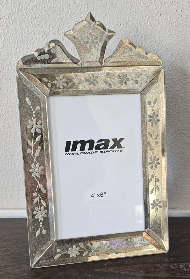 Marco de fotos de vidrio espejo arqueado superior grabado estilo veneciano caballete trasero Foto 1 de 4