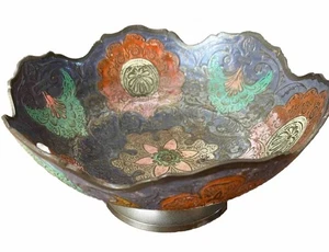 Massive Messing Sockel Schale Fuß Emaille lackiert blau rot grün Bethlehem Vintage - Bild 1 von 12