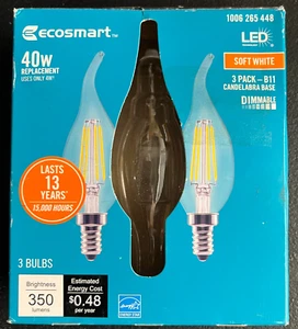 2pk Ecosmart 40W LED Light Bulb B11 Dimmable Edison Soft White Chandelier Candle - Picture 1 of 7