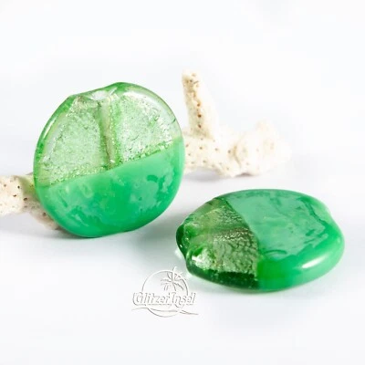 2x Glasperlen Lampwork Silberfolie Riesig 34mm Handarbeit GlitzerInsel 01020a - Bild 1 von 4