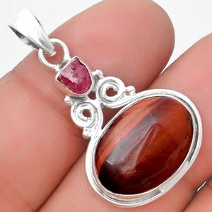Red Tiger Eye & Pink Tourmaline Rough 925 Sterling Silver Pendant Jewelry P-1603 - Picture 1 of 5