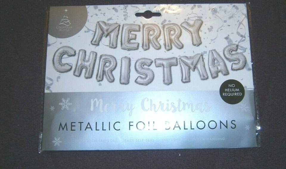 Merry Christmas Silver Metallic Foil Balloon ~Self Inflating ~No Helium Required - Image 1 of 1