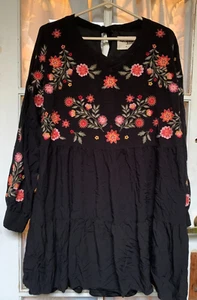 Savanna Jane Brightly Embroidered Long Sleeved Black Dress, 1X, Lined. - Picture 1 of 9