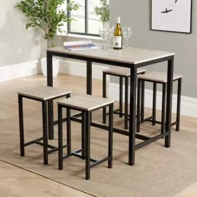 5 Piece Industrial Dining Table Set Oak MDF Top with 4 Stools Space Saving - Image 1 of 4