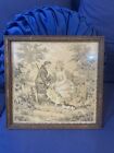 Antique Victorian Framed Needlework Needlepoint of Man Woman Dog Wood Frame