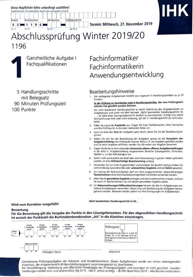 Fachinformatiker Anwendungsentwicklung IHK Abschlussprüfung Winter 2019/2020 - Bild 1 von 1