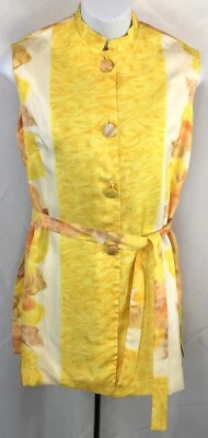 Vintage 60s Silky tunic top blouse 12 yellow floral sleeveless side slits Belt - Image 1 of 4