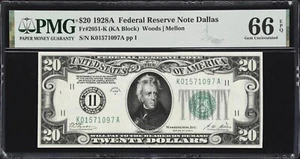 1928 $20 Federal Reserve Note Dallas Fr. 2051-K PMG 66 EPQ GEM UNC - Picture 1 of 3
