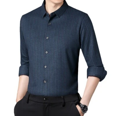 Otoño Primavera Para Hombres 100% Cachemira Manga Larga Camisas Negocios Rayas Prendas para el torso Botón Foto 1 de 4