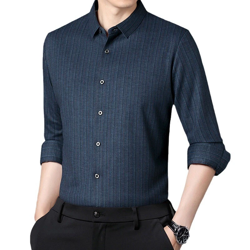 Otoño Primavera Para Hombres 100% Cachemira Manga Larga Camisas Negocios Rayas Prendas para el torso Botón Foto 1 de 4