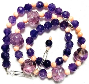 Handcrafted Vintage Angel Skin Coral & Amethyst Bead Sterling Silver Necklace - Picture 1 of 8