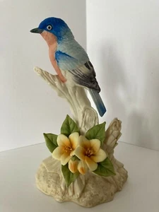 Vintage Lefton Blue Bird on Branch w/ Yellow Flowers Hand Painted 7.75" Figurine - Picture 1 of 12