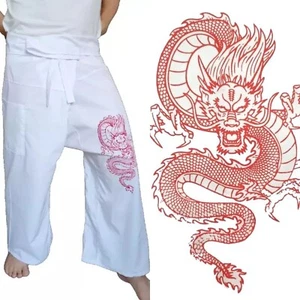 Mens Womens Cotton Thai Fisherman Pants White with Red Dragon Yoga Hippie Harem - Picture 1 of 10