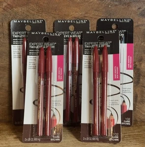 LOT (5) MAYBELLINE EXPERT WEAR TWIN EYE & BROW PENCIL 102 DARK BROWN 2 Packs - Picture 1 of 6