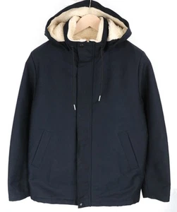 SANDRO S Men Jacket Marine Blue Classic Hooded Faux Fur Deck Parka Pure Cotton - Picture 1 of 12