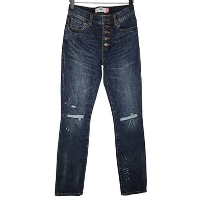 Cabi Womens Dark Rework Wash Buttonfly Straight Distressed Denim Jeans 0 #6068 - Image 1 of 4