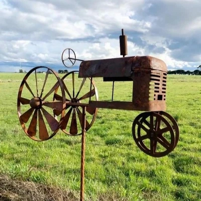 Rusty Metal Tractor Wind Spinner Garden Ornament – Vintage Farm Style Windmill - Image 1 of 4