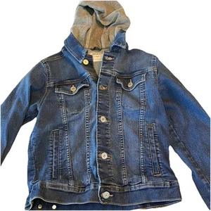 Old Navy Boys Jean Gray Hoodie Jacket L 10-12 Medium Wash Silver Buttons - Picture 1 of 9
