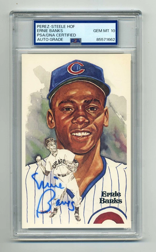Ernie Banks "Mr Cub" 超级宝石完好 10 PSA/DNA 签名 PEREZ STEELE明信片 — 第 1/1 张图片