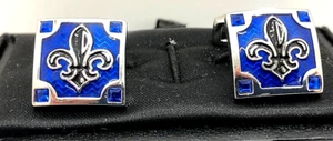 Herren Edelstahl Blau Emaille Fleur De Lis Eckig Manschettenknöpfe - Bild 1 von 4