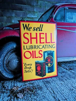 XL Shell Enamel Sign We Sell Motor Oil garage sign Shell Lubricating Oil Sign - Image 1 of 4