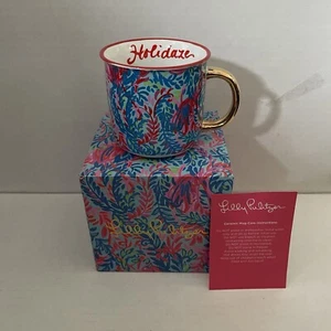 Lilly Pulitzer Ceramic Coffee Mug Blue/Pink Cup with Gold Handle Holidaze NIB - Picture 1 of 6