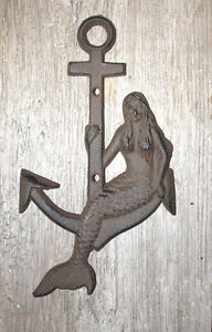 Cast Iron MERMAID on ANCHOR Plaque Sign Nautical Swimming Pool Boat Home Decor
