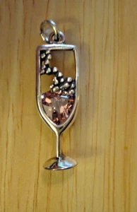 7x20mm Pink Champagne Wine with Pink CZ Crystal Sterling Silver Charm - Picture 1 of 4