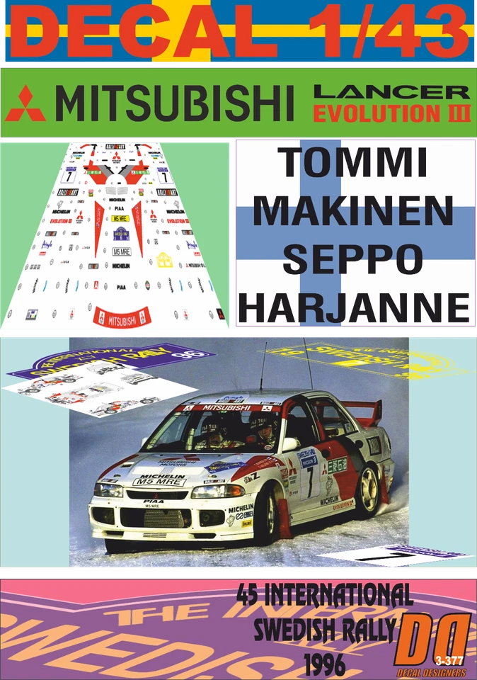 DECAL 1/43 MITSUBISHI LANCER EVO III T.MAKINEN SWEDISH R. 1996 WINNER (08) - Image 1 of 1