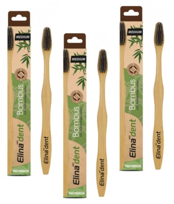 Elina Vegane nachhaltige Bambus Natur Zahnbürste in Faltschachtel medium 3er Set - Bild 1 von 2