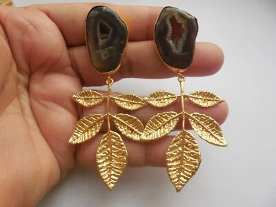 Pendientes de plumas Druzy rebanada tono dorado pendientes de piedras preciosas joyería de moda Foto 1 de 3