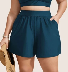 Bloomchic 18 20 2X Gathered Wide Band High Rise Pocket Cyan Blue Swim Shorts - Picture 1 of 7
