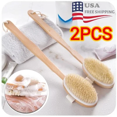 Paquete de 2 cepillos de baño de ducha corporal cerdas naturales suaves madera mango largo extraíble Foto 1 de 4