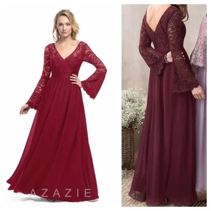 Azazie Size 18 Hurley Lace V-Neck Bell Sleeve Chiffon Bridesmaid Maxi Dress NWT - Picture 1 of 12