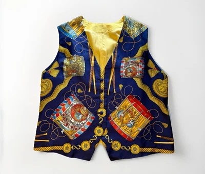 HERMES Silk Formal Vest Les Tambours Blue Gold Drums Size L - Image 1 of 4