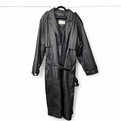 Vintage Black Leather Trench Coat Men’s Large Belted Zip Liner Long Duster Fits - Image 1 of 4