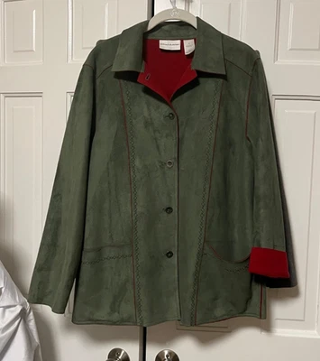Chaqueta Alfred Dunner Verde Gamuza Puntada con Botones 8 Cottage Farm Cabin Western Foto 1 de 4