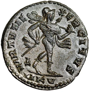 Galerius Follis "Marte caminando, trofeo y lanza" cícico extremadamente fino escaso - Imagen 1 de 5
