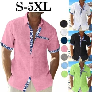 Mens Short Sleeve Cotton Linen Shirt Summer Casual Solid Baggy Button Beach Tops - Picture 1 of 23